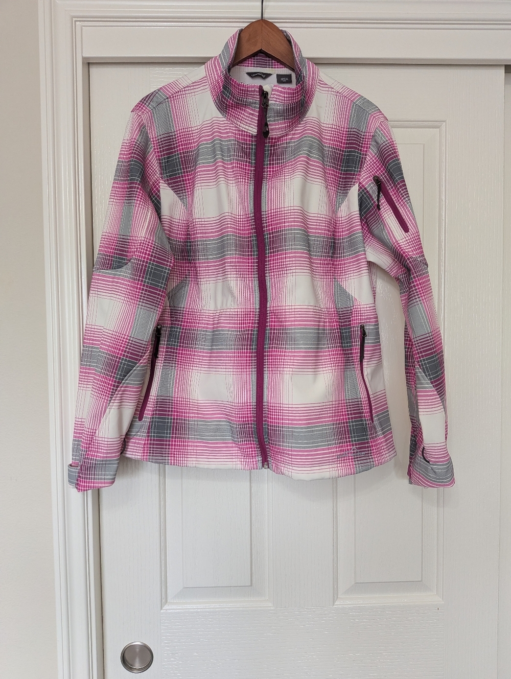 EDDIE BAUER Pink Gray White Plaid Soft Shell Windbreaker Jacket XXLarge